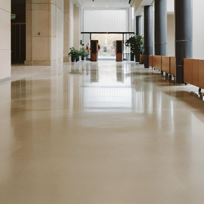 A lobby with the most popular flooring in the UK, polished concrete.