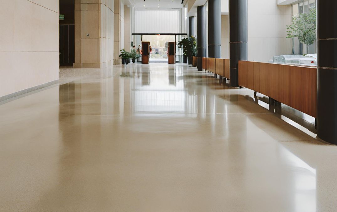 A lobby with the most popular flooring in the UK, polished concrete.