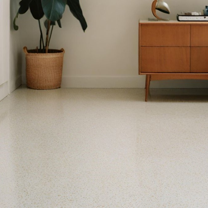 Terrazzo polished concrete in a bedroom.