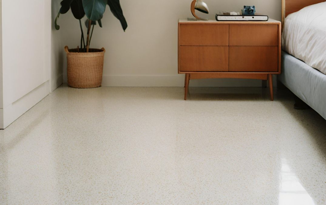 Terrazzo polished concrete in a bedroom.