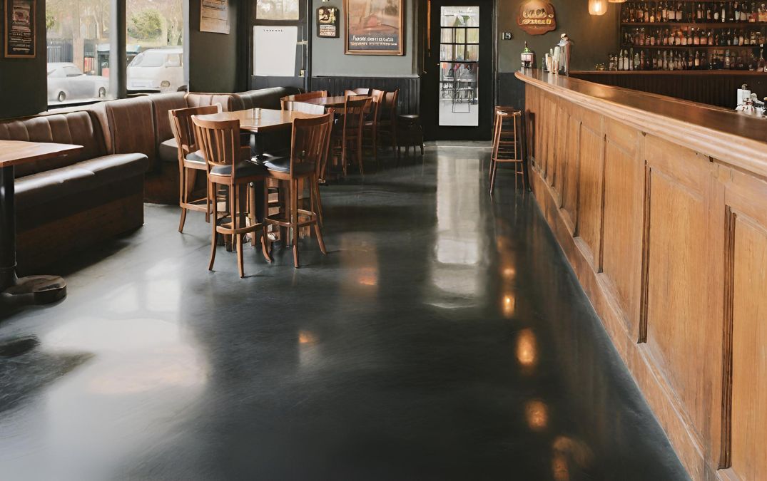 A Hereford based pub with a black polished concrete floor.