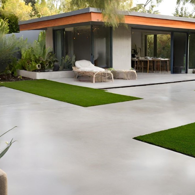 Polished concrete outside with a matte finish to it.