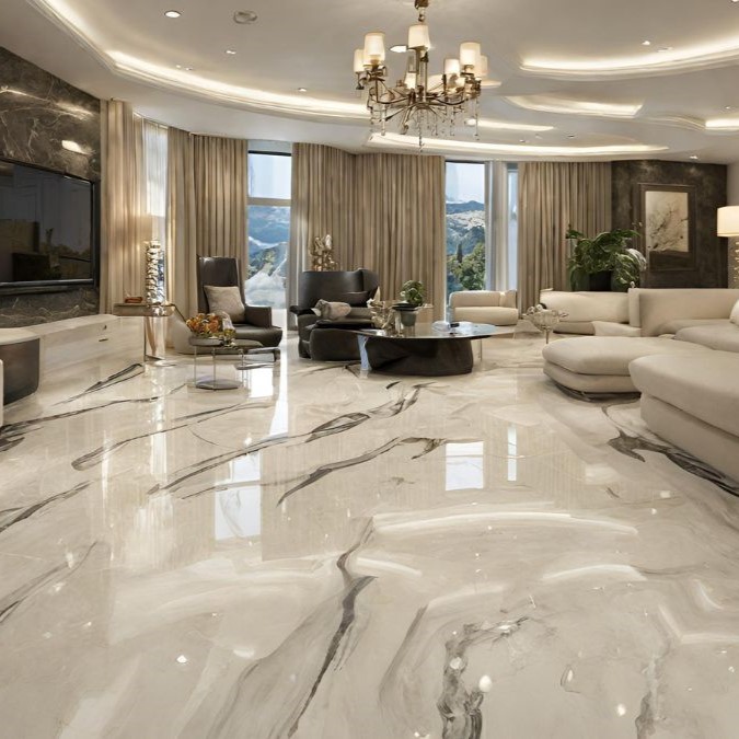 A fancy marble floor in a living room, durable and long lasting.