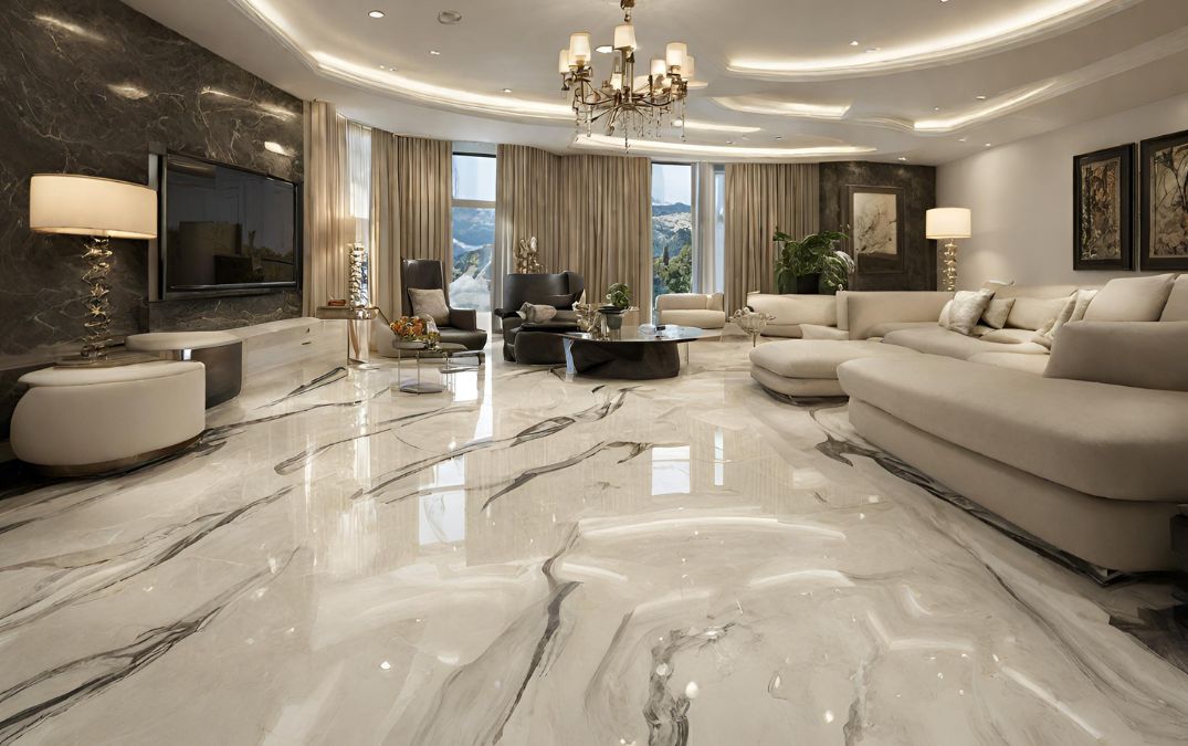 A fancy marble floor in a living room, durable and long lasting.