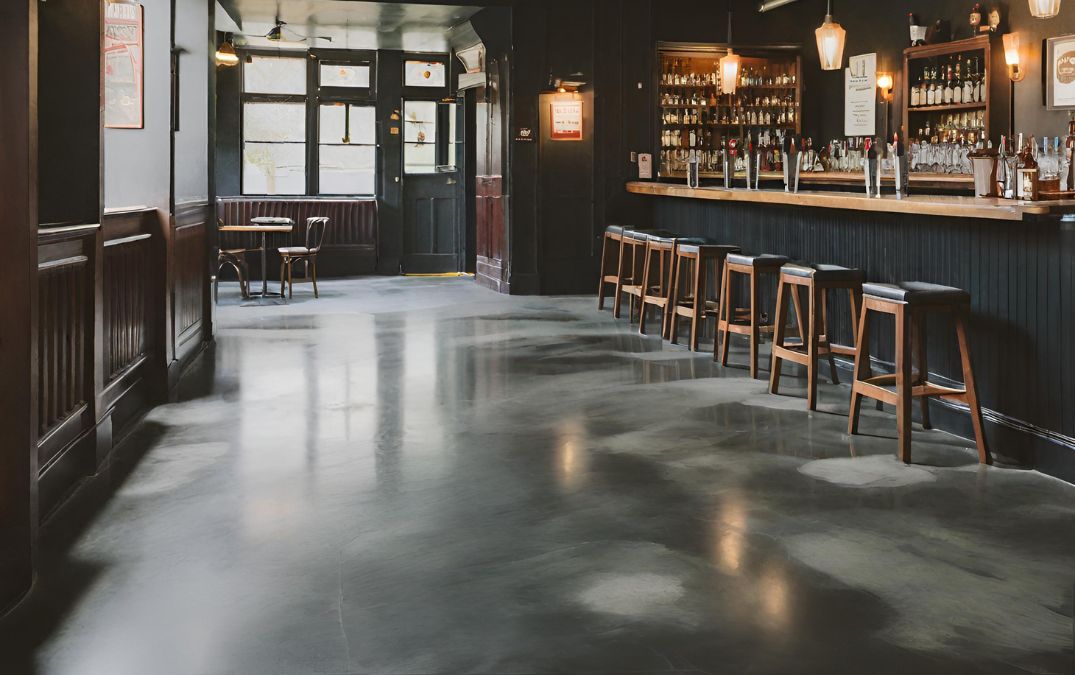 The grinding process on a concrete floor in a pub.