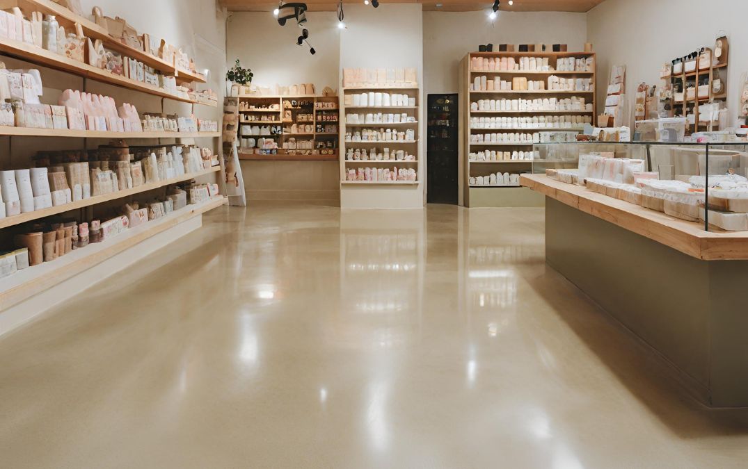 A cream finish on a polished concrete floor for a soap shop in Hereford