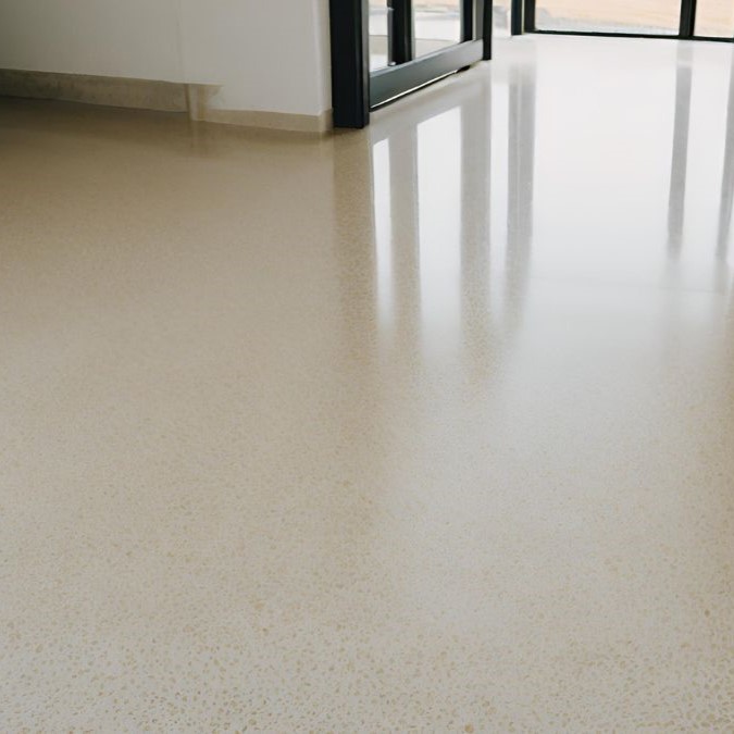 A polished concrete floor that has had a sealant applied which is waiting to cure.