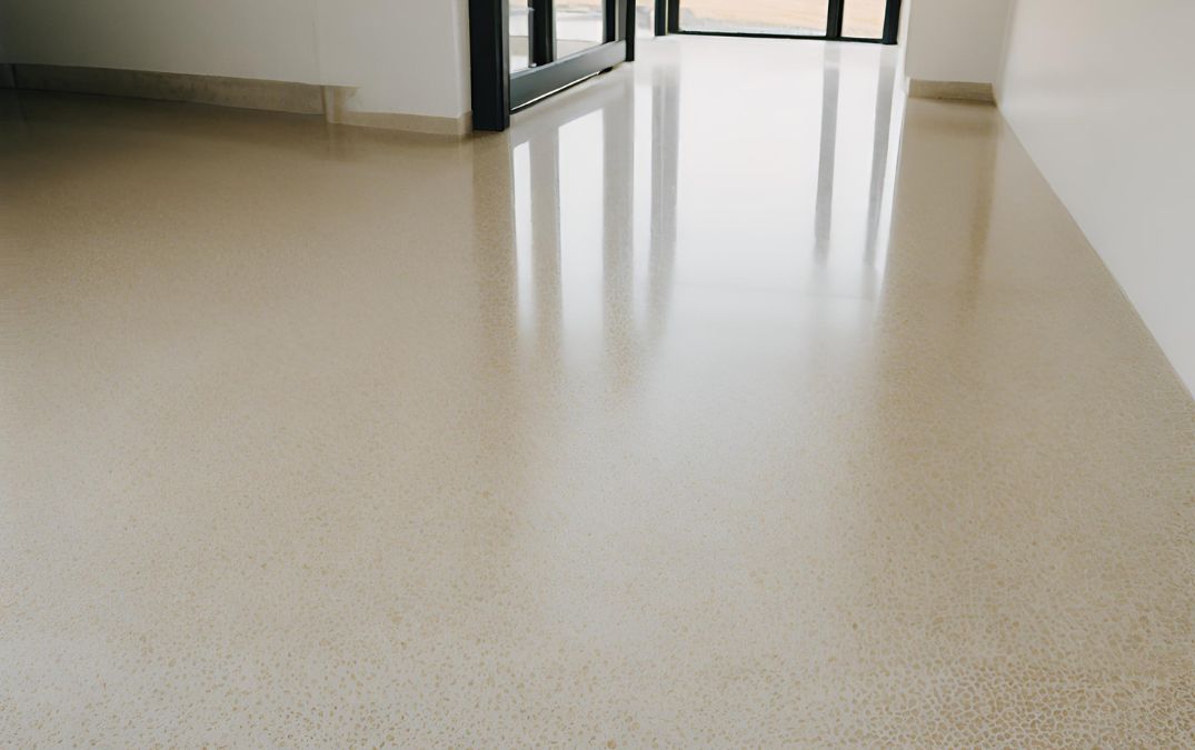 A polished concrete floor that has had a sealant applied which is waiting to cure.