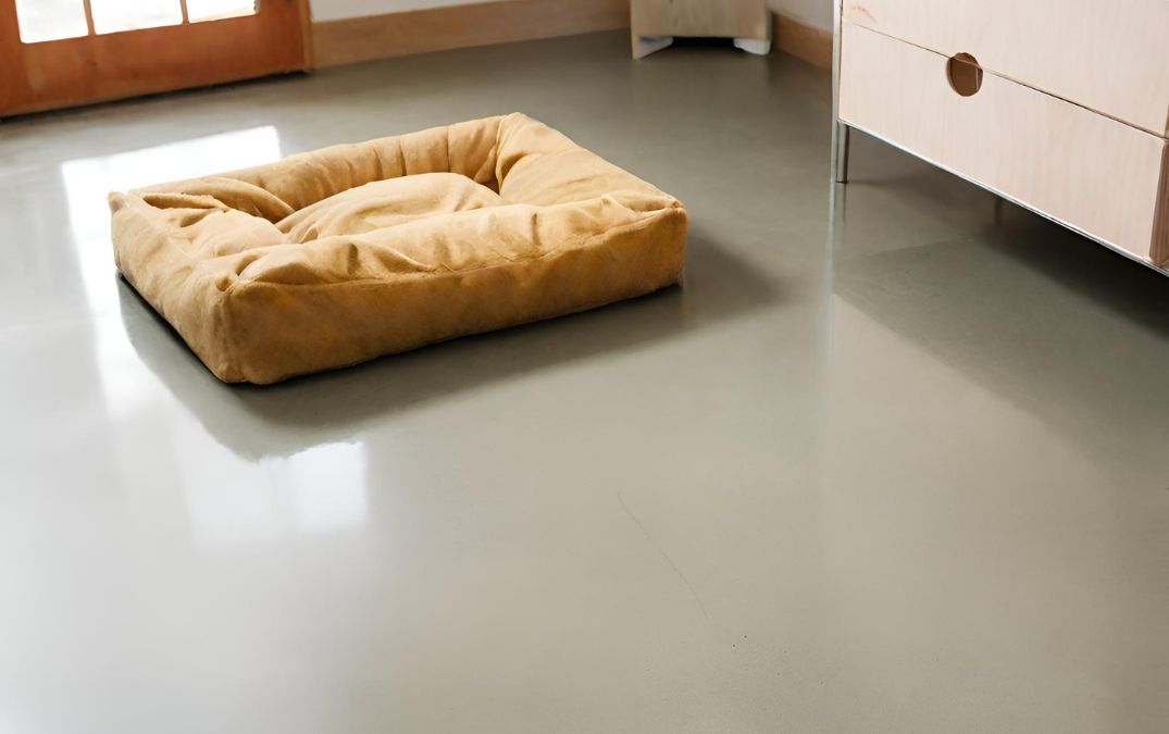 A dog bed on a polished concrete floor in a home.