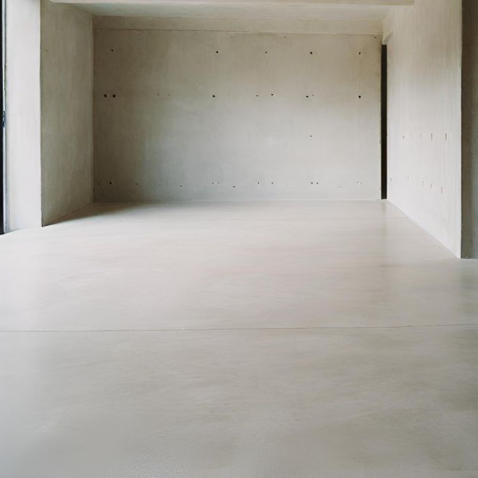 A dog bed on a polished concrete floor in a home.