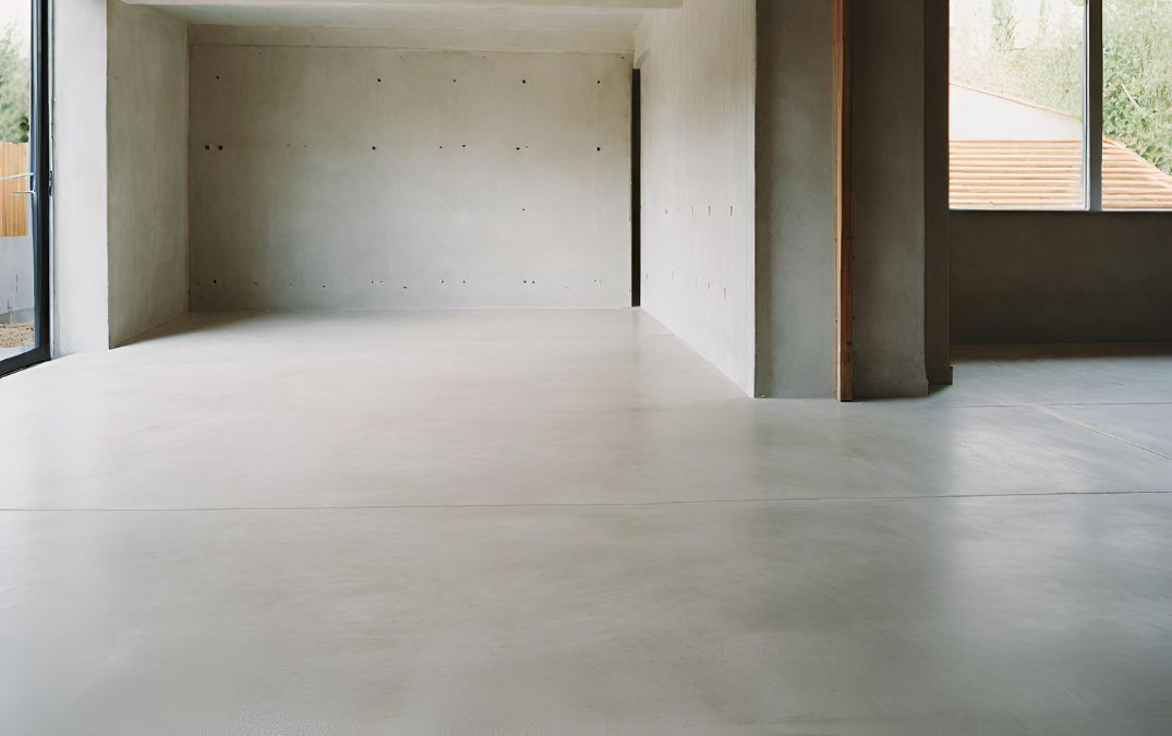 A dog bed on a polished concrete floor in a home.