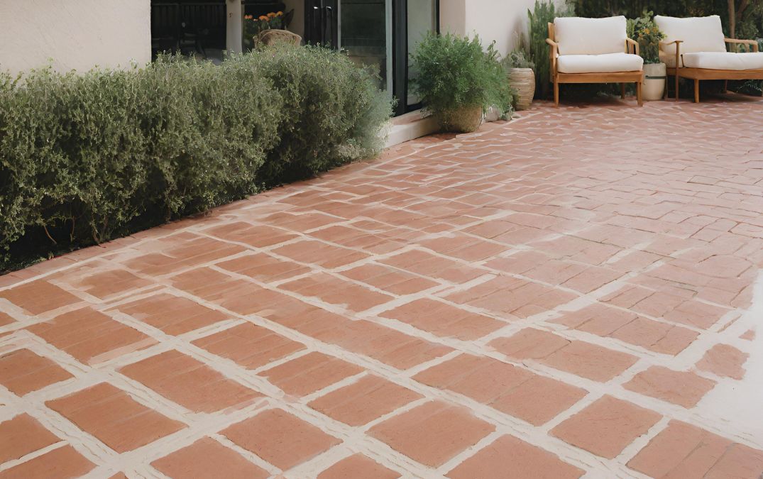 A stamped brick pattern on a concrete overlay for a patio