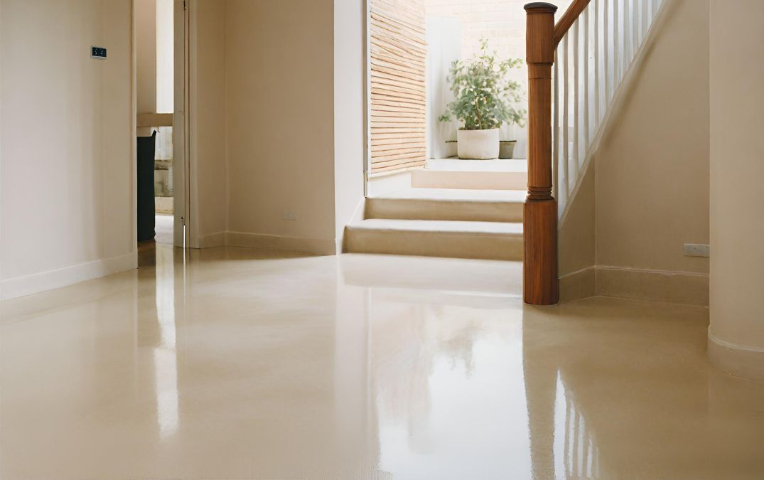 Polished concrete flooring for a landing.