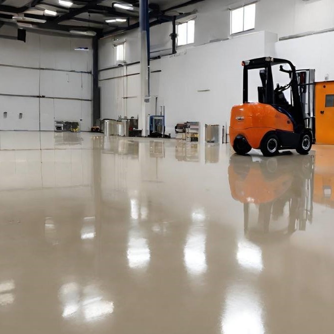 A polished concrete floor in a warehouse wtih a forklift