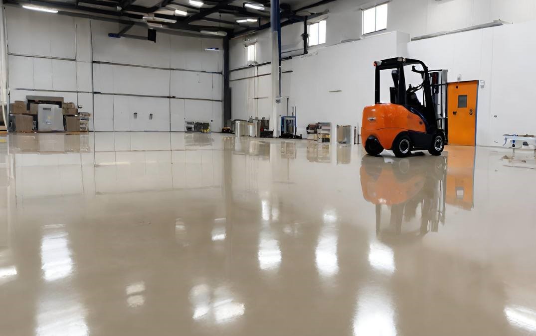 A polished concrete floor in a warehouse wtih a forklift