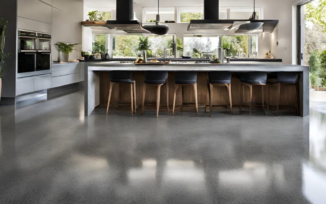 polished concrete floor in a kitchen, residential