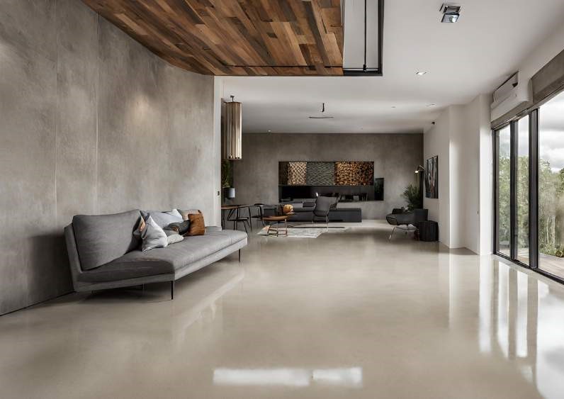 Cream concrete polished floor in a large living room