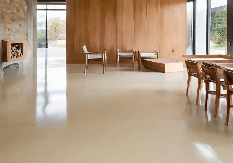 A cream coloured polished concrete floor in a living room with scratches