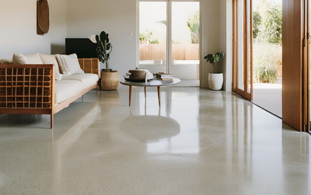 A concrete floor with a salt and pepper polish for a living room.