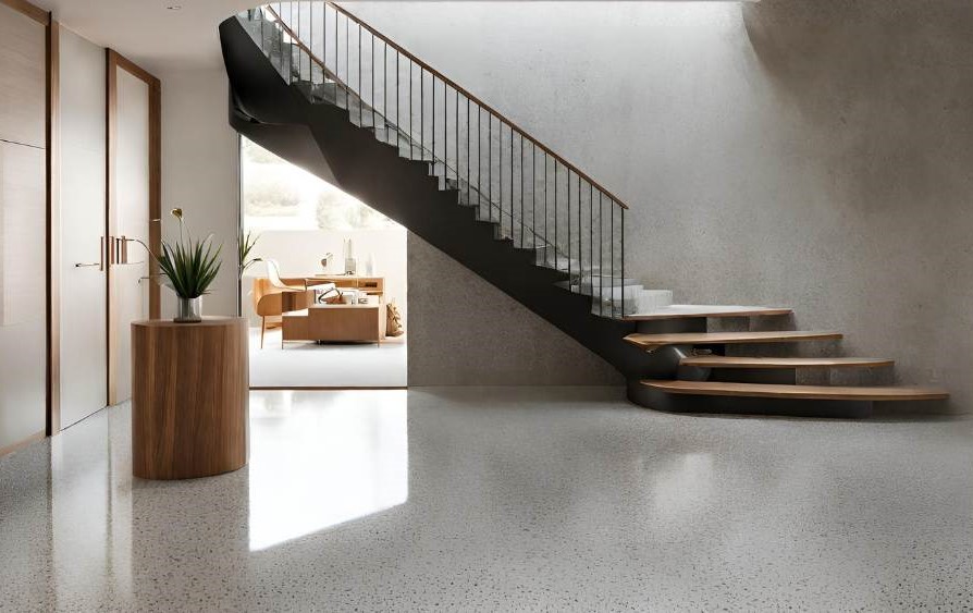 a lobby with a staircase, the flooring is polished concrete floor with a salt and pepper finish and non-slip resistant