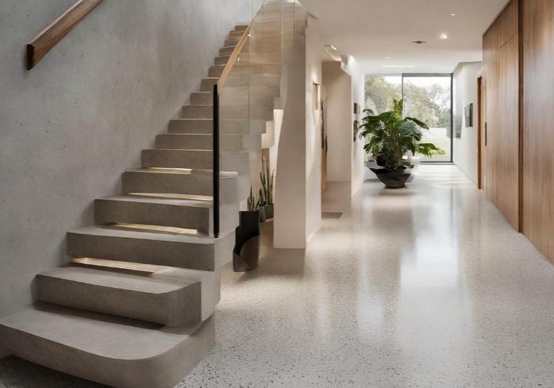 a hallway and staircase in a residential home in Cheltenham with cream polished concrete flooring