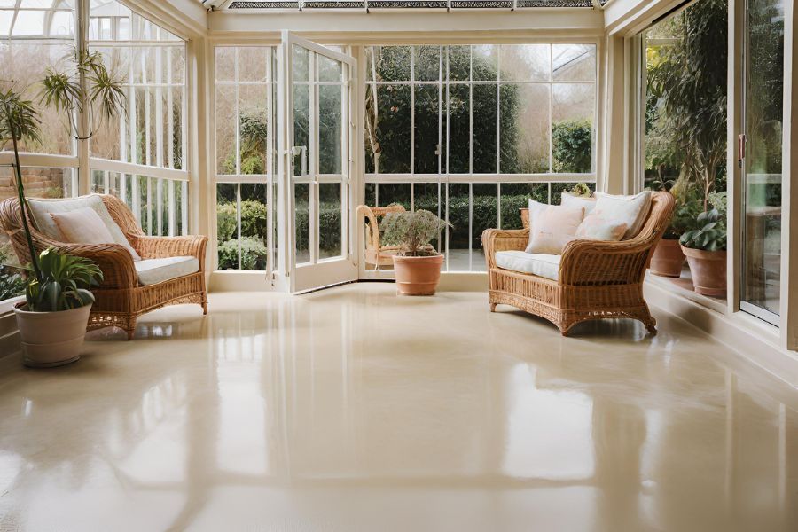 A conservatory with wicker furniture and plants with a smooth cream-finish polished
            concrete floor located in Bath