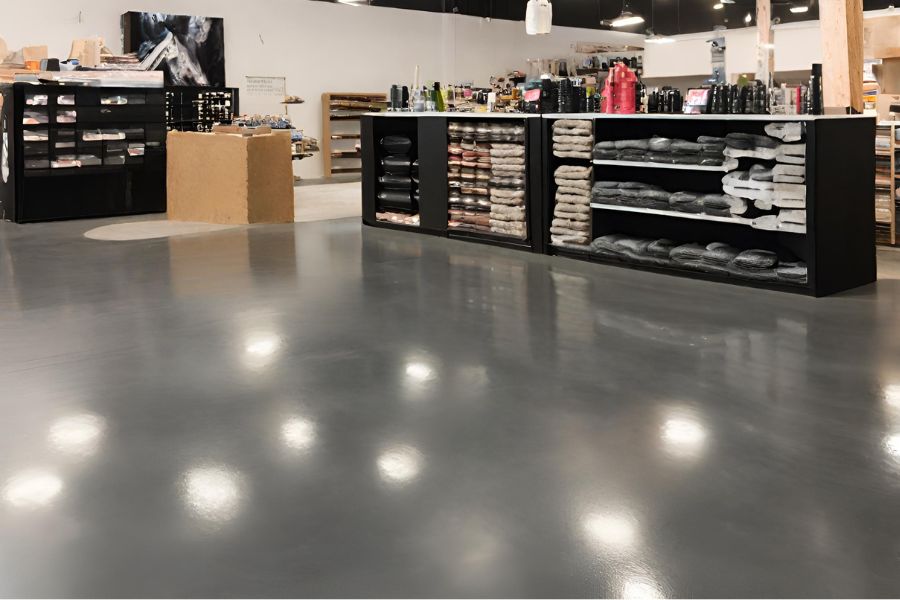 A clothing store with a grey polished concrete floor in Bath, UK