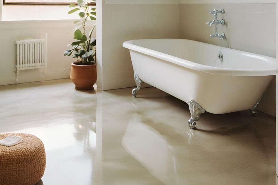 A modern bathroom with a claw foot tub and a cream polished concrete floor in Exeter