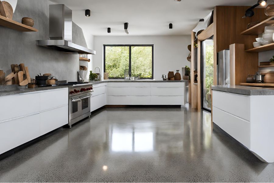 A modern kitchen with a grey exposed aggregate polished concrete floor with flecks of
            black in Gloucester