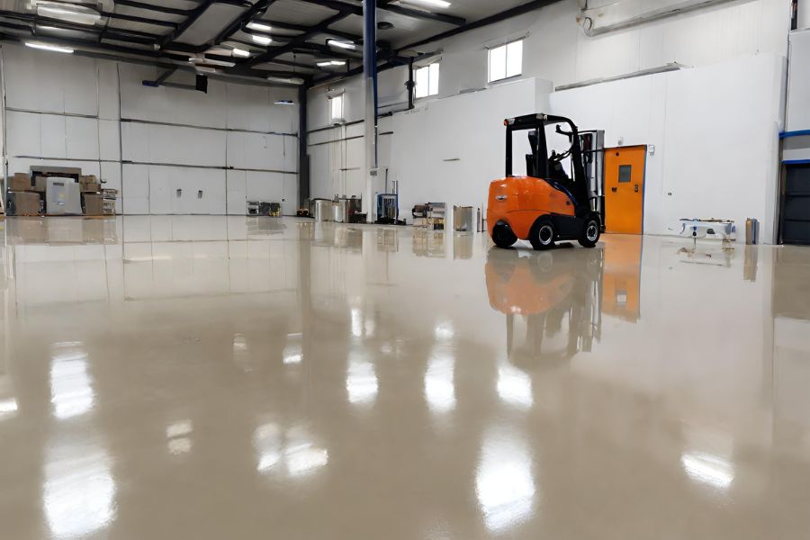 A warehouse in Gloucester with a cream finished polished concrete floor and an orange
          forklift