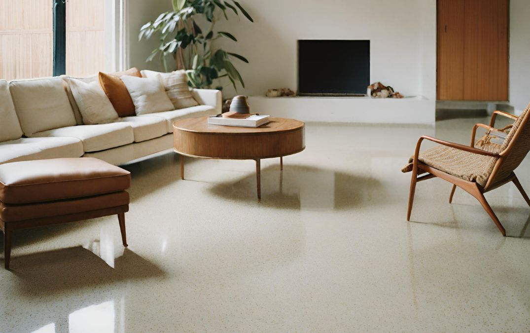 A home in Plymouth with freshly laid concrete flooring which has been polished for a high-gloss finish.