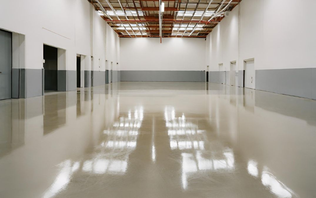 A warehouse in Poole with a new concrete floor polish.