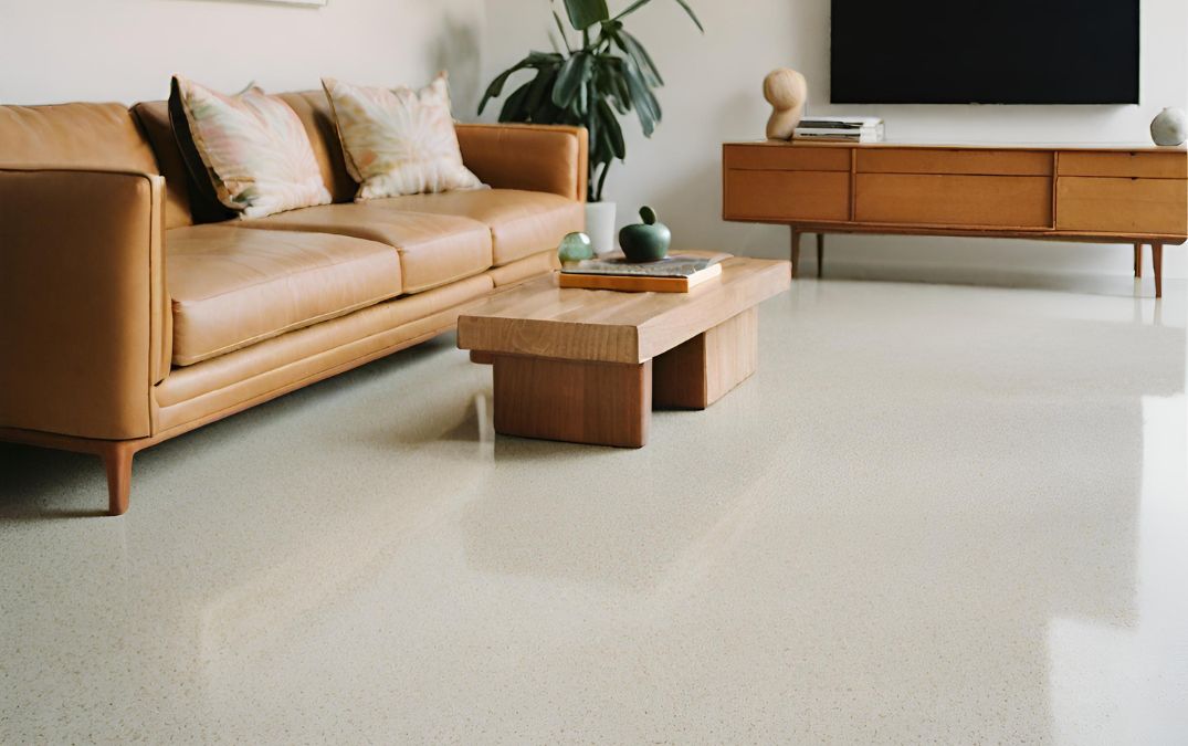 Polished concrete flooring for a living room, the finish is salt and pepper, the location is Southampton.