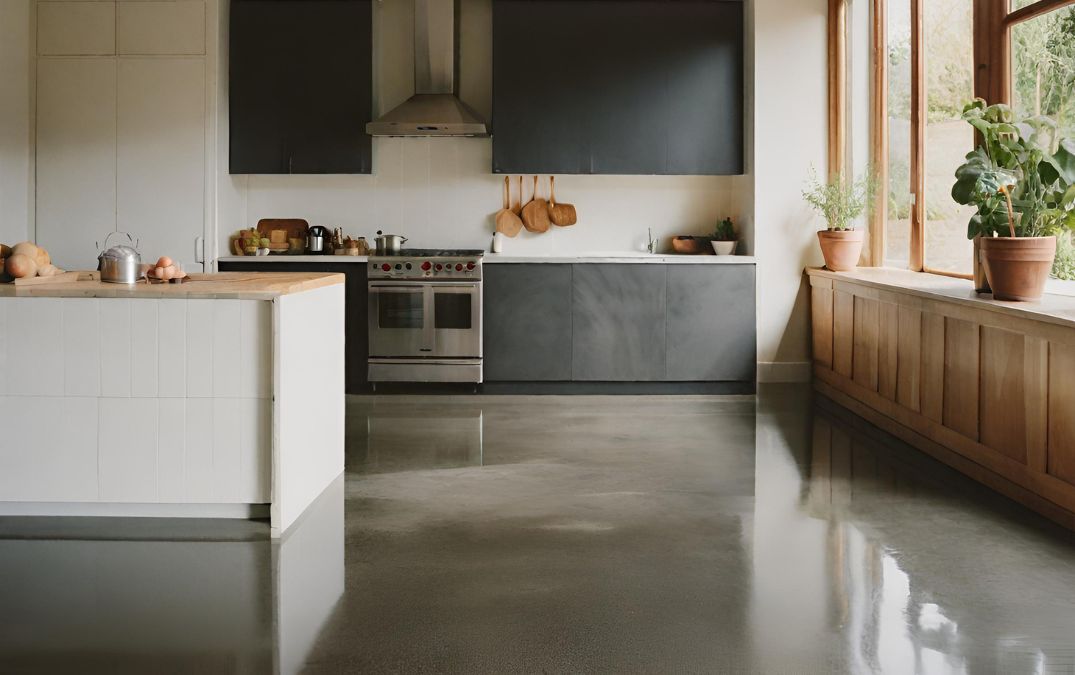 A dark wash polish on a concrete floor for a kitchen in Southampton.