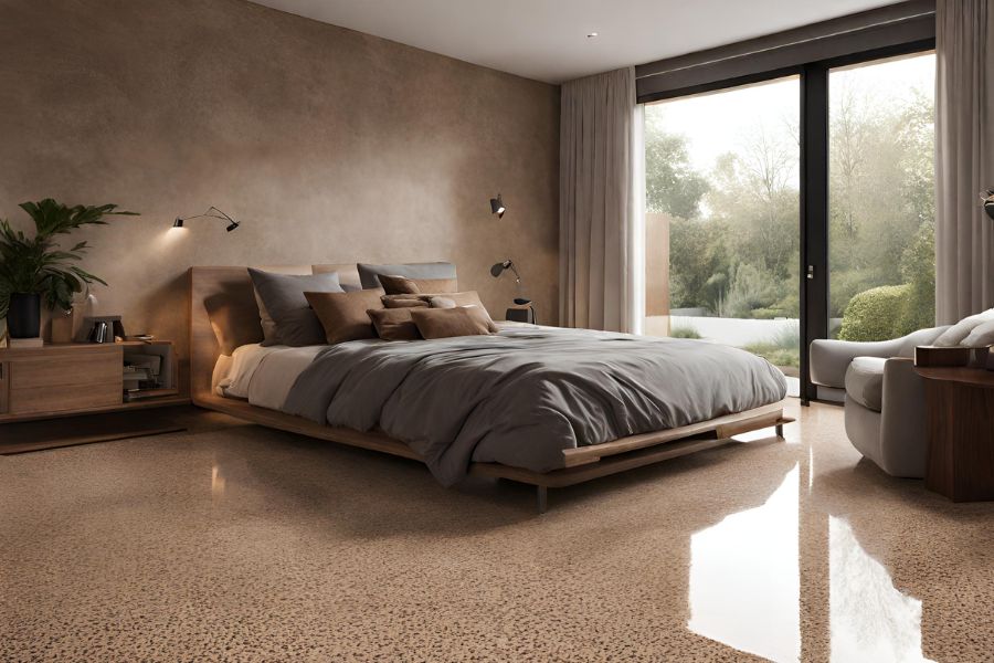 A bedroom that has a brown polished concrete floor with flecks of black in Stroud