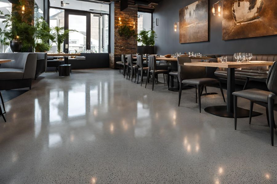 A bistro in Stroud with a polished concrete floor that features grey and black speckles