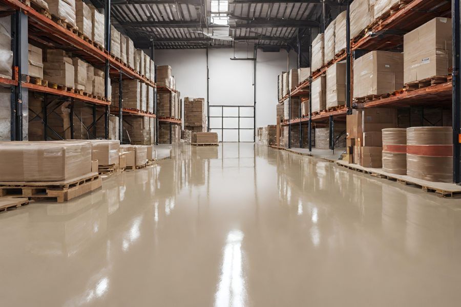 A cream coloured polished concrete floor for a warehouse in Stroud city