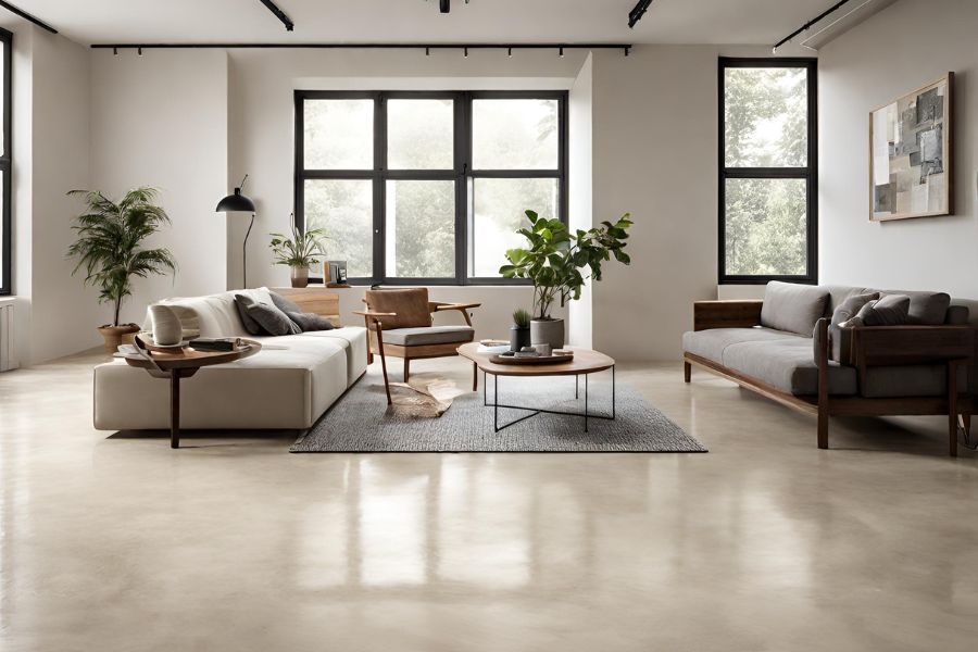 A modern living room in Swindon that has a cream finished polished concrete floor