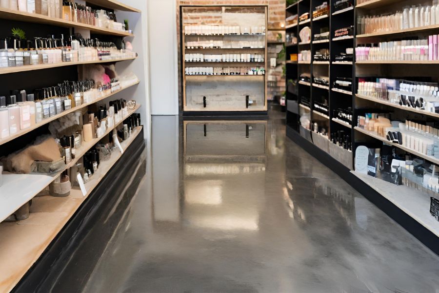 An empty warehouse in Swindon with a grey exposed-aggregate polished concrete
          floor