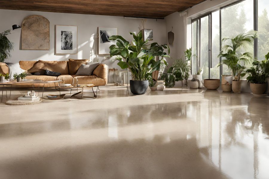 A light tan coloured polished concrete floor in a modern living room in Taunton