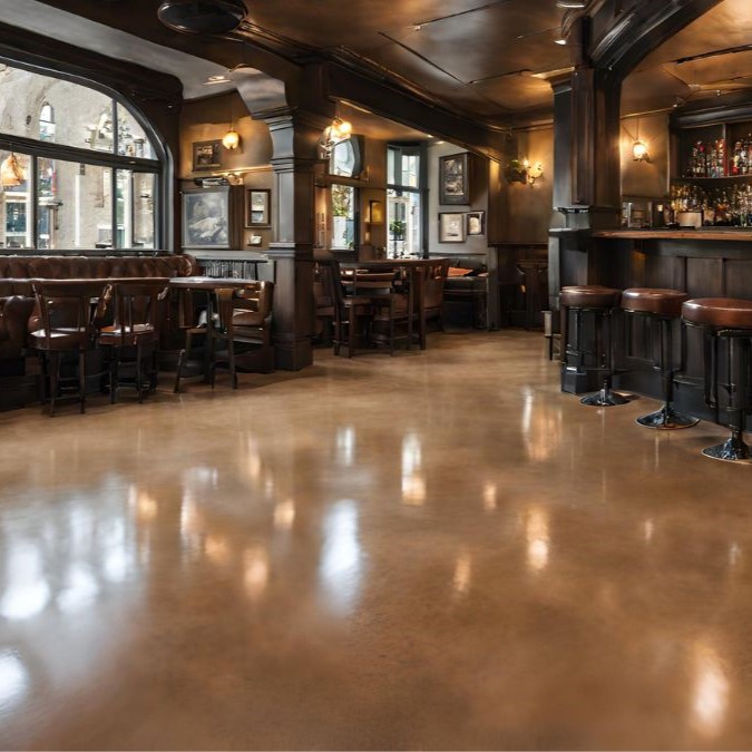 Brown polished concrete flooring in a bar