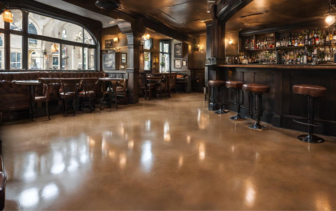 Brown polished concrete flooring in a bar