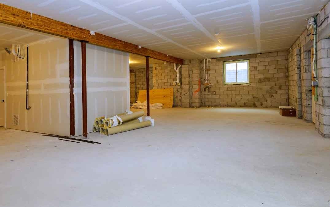 Freshly laid and power floated concrete floor in a basement