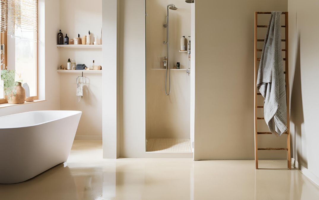 A concrete floor in a bathroom with a shower base and drain.