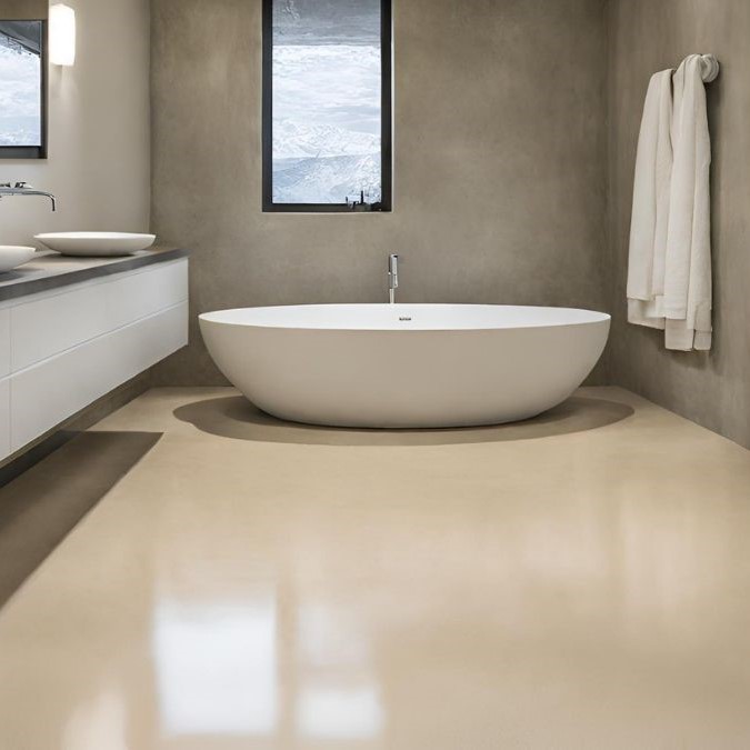 black stained polished concrete flooring in a bathroom in a British home