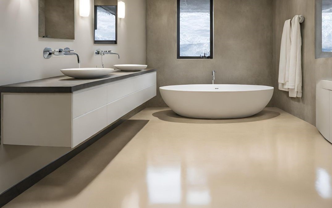 black stained polished concrete flooring in a bathroom in a British home