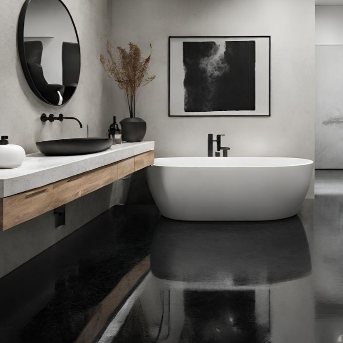 a salt and pepper polished concrete floor in a residential bathroom