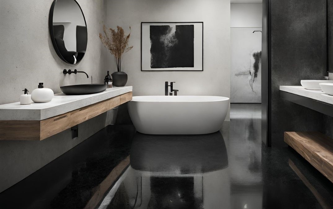 a salt and pepper polished concrete floor in a residential bathroom