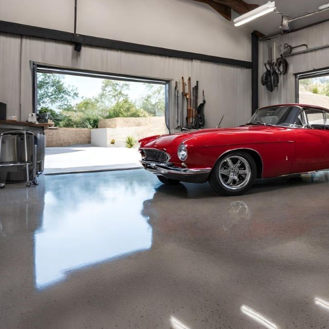 A garage with a car in it, the flooring of the garage is made of polished concrete