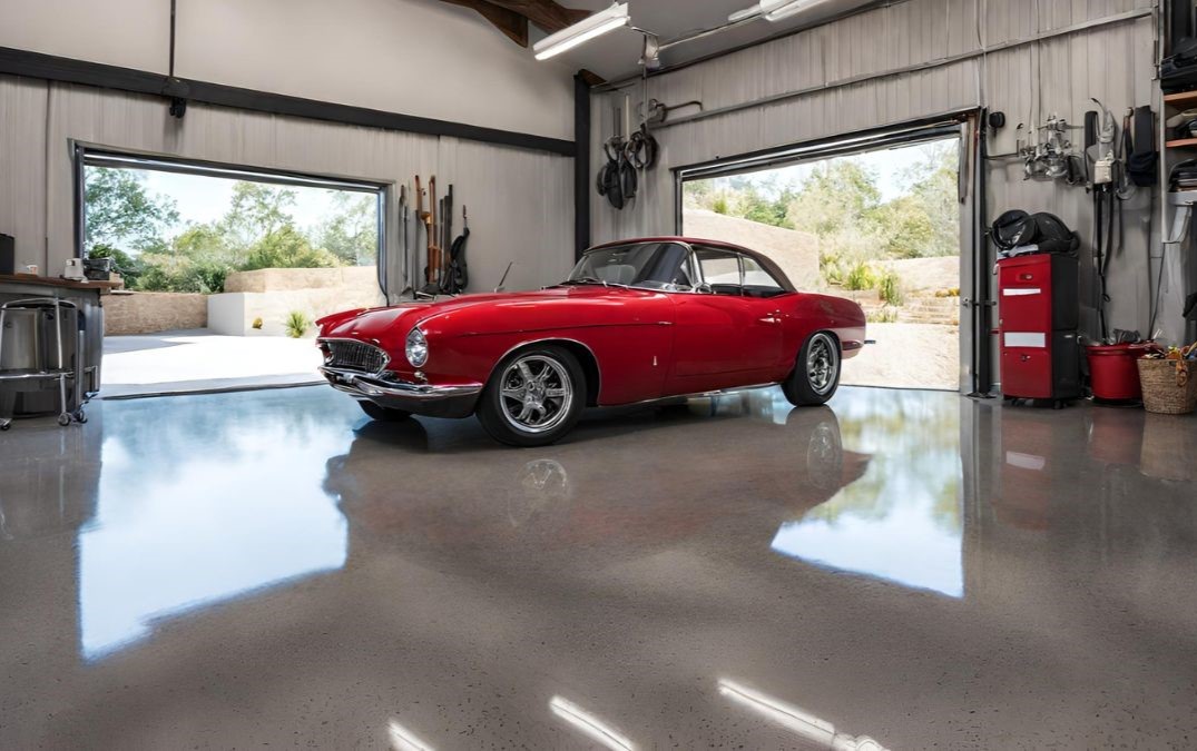 A garage with a car in it, the flooring of the garage is polished concrete